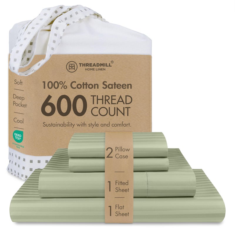 Threadmill 100% Cotton Sheets for Queen Size Bed - 600 Thread Count Queen Bed Sheets Set with 16â€ Deep Pocket - Damask Stripe Sateen Weave 4-Piece Bedding Set with Cooling Effect, Sage Green - Image 1